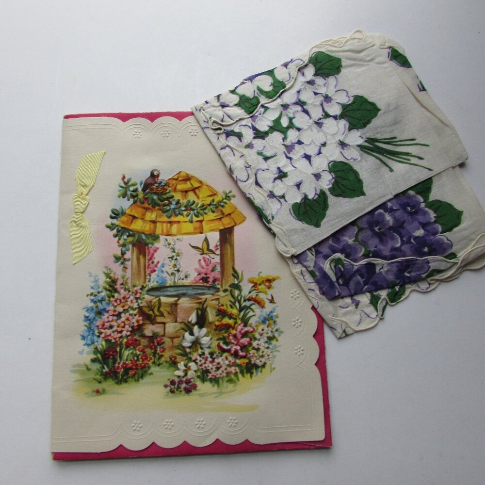 Vintage Purple White Violet Handkerchief in Greeting Card Cover